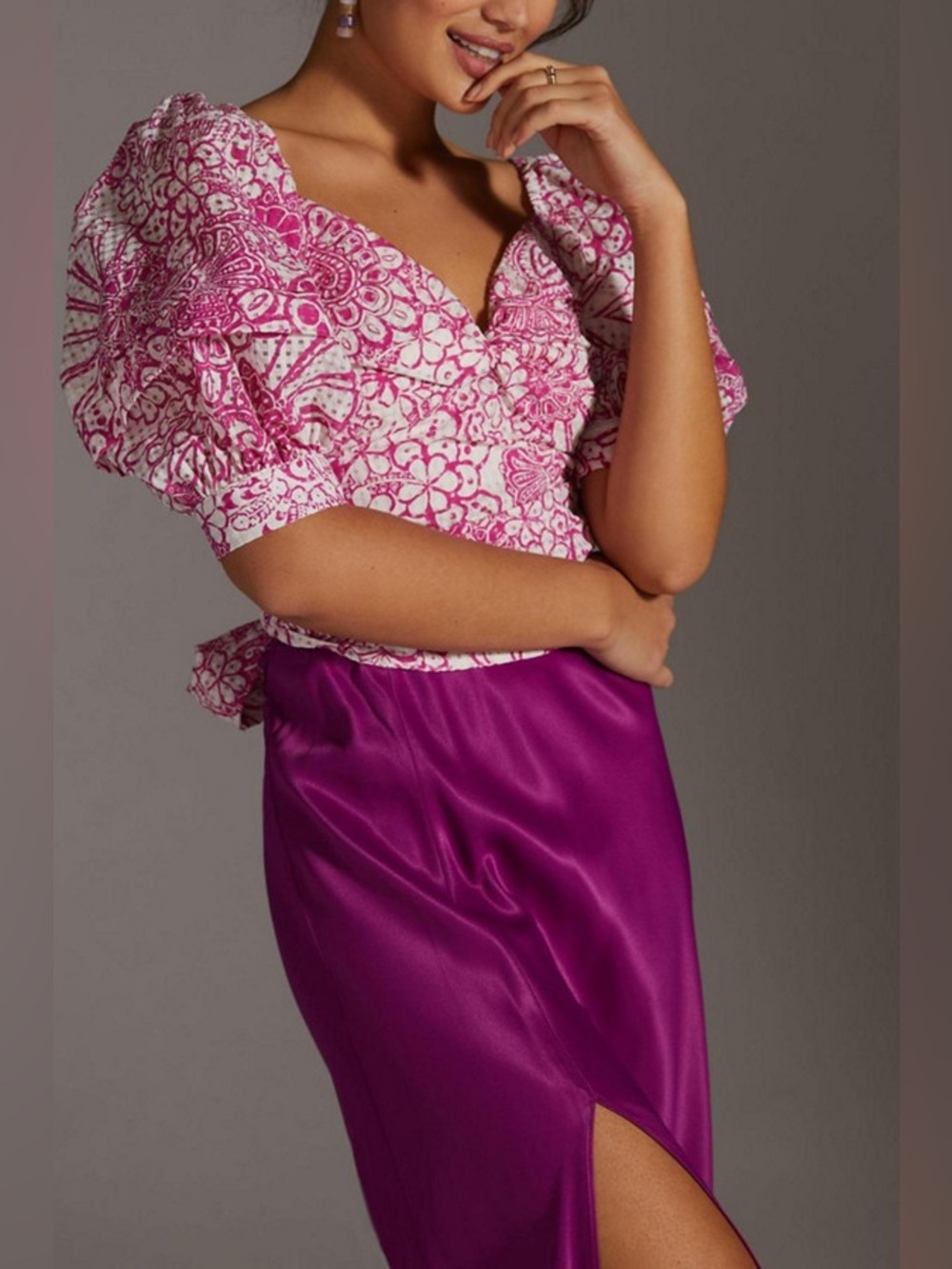 Anthropologie Maeve Pink Floral Puff-Sleeve Crop Top XSP